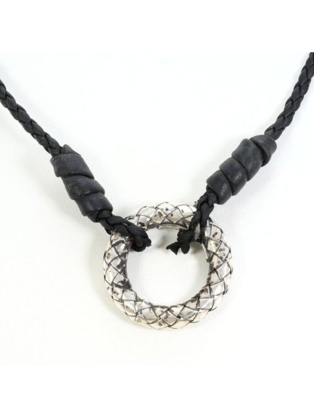 Bottega Veneta Intrecciato Circle Silver Leather Necklace 56